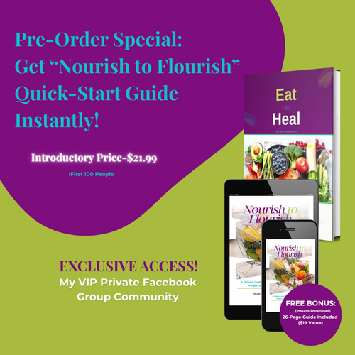 Promotional graphic for 'Nourish to Flourish' Quick-Start Guide with a purple and green background